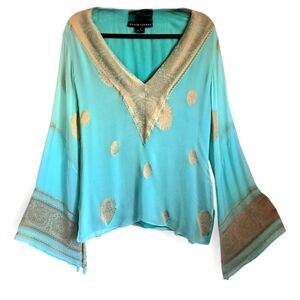 Ralph Lauren Black Label Vintage Silk Tunic Sz 14 Aquamarine Metallic Gold BEAUT